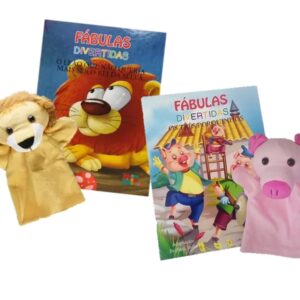 Fábulas Divertidas – 2 Livros + 2 Fantoches Para Crianças – Leão E 3 Porquinhos